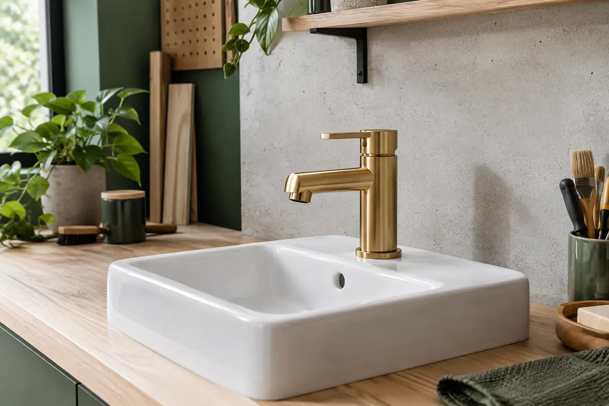 Mitigeur compact doré brossé installé sur un petit lavabo, avec bec droit et levier central.