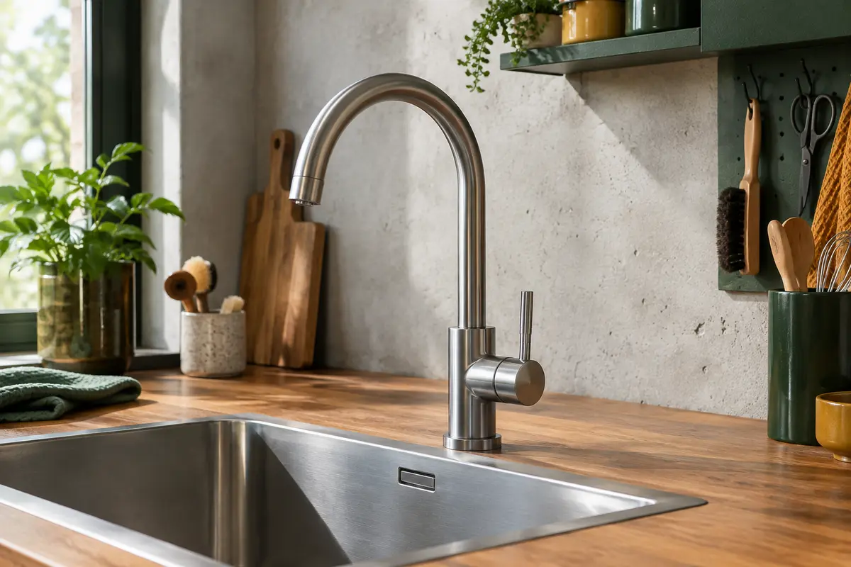 Robinet de cuisine Ibergrif gris brossé à bec haut pivotant, installé sur un évier dans un atelier domestique