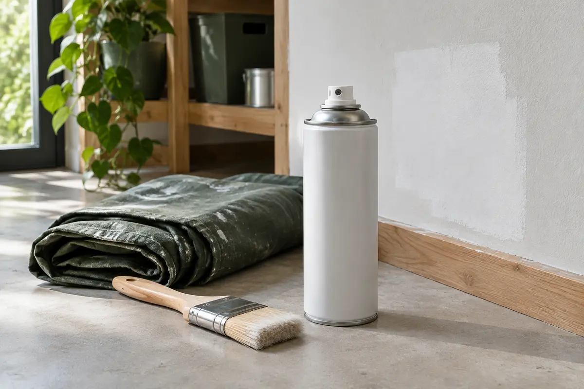 Aérosol blanc d’apprêt anti-taches posé près d’un mur intérieur mat fraîchement retouché