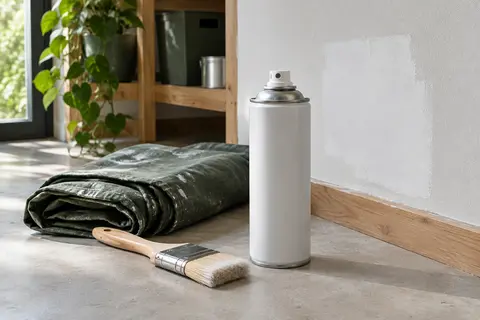 Aérosol blanc d’apprêt anti-taches posé près d’un mur intérieur mat fraîchement retouché