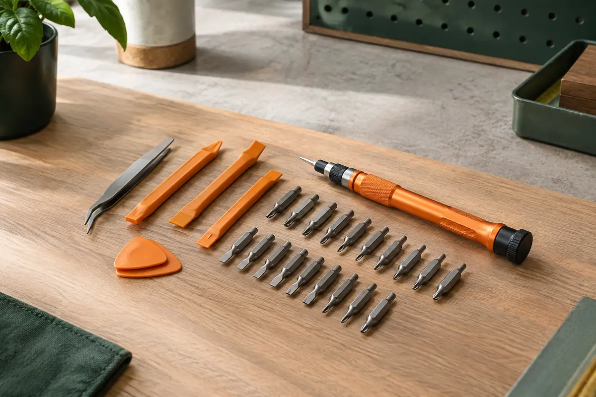 Kit orange de tournevis de précision avec embouts métalliques et accessoires d’ouverture sur un établi clair.