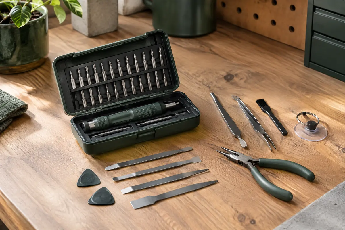 Kit de tournevis de précision avec manche, embouts et accessoires d’ouverture disposés sur un établi.