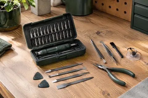 Kit de tournevis de précision avec manche, embouts et accessoires d’ouverture disposés sur un établi.