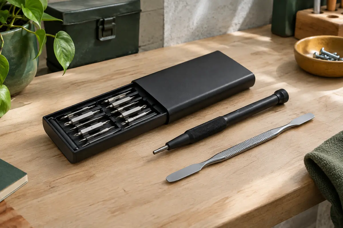 Kit noir de tournevis de précision avec embouts métalliques rangés dans un étui compact