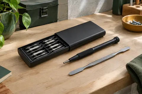 Kit noir de tournevis de précision avec embouts métalliques rangés dans un étui compact