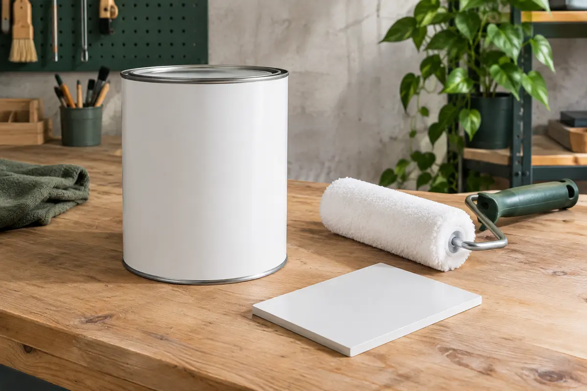 Contenant neutre de peinture acrylique blanche mate posé près d’un rouleau et d’un échantillon peint