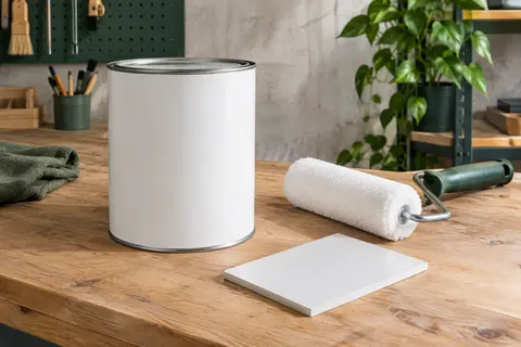 Contenant neutre de peinture acrylique blanche mate posé près d’un rouleau et d’un échantillon peint