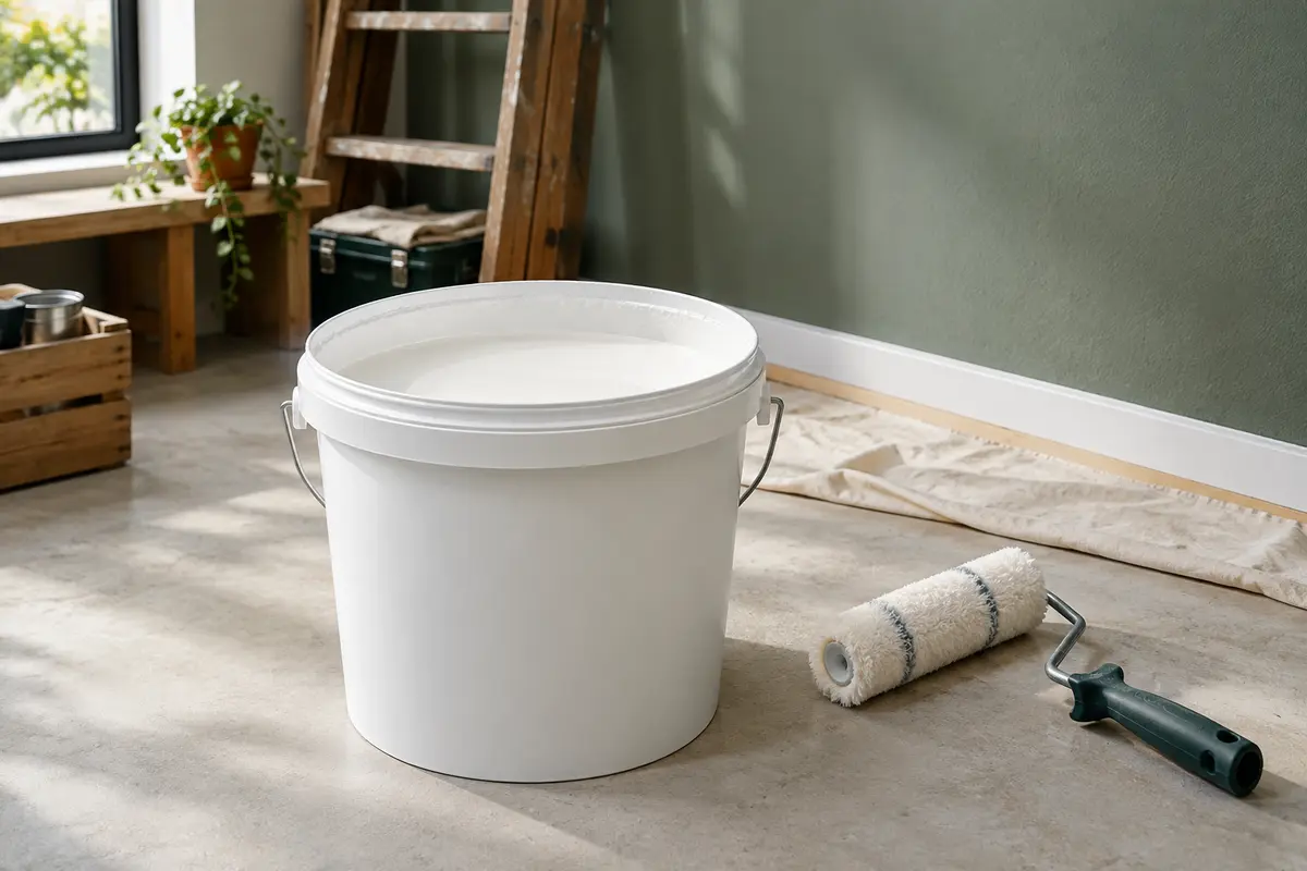 Seau neutre de peinture blanche mate posé dans un atelier soigné près d’un rouleau et d’un mur peint.