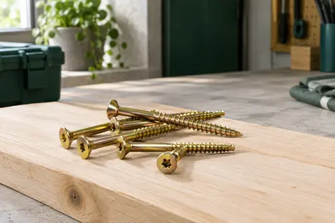 Vis à bois KLIMAS à tête fraisée TX, finition zinc jaune, posées sur une planche de bois clair