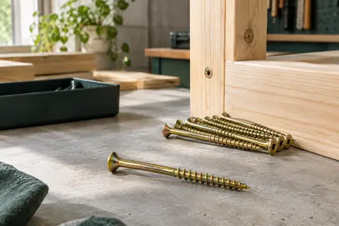 Vis à bois KLIMAS jaune de 6 x 80 mm à tête plate et empreinte Torx, posée près de pièces de bois.