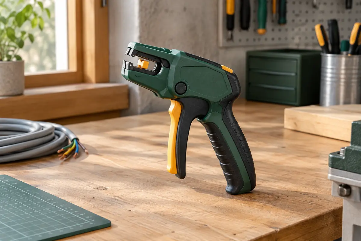 Outil à dégainer Knipex ErgoStrip à poignée pistolet multicolore posé sur un établi d’atelier.