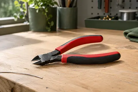 Pince coupante de précision rouge et métallique posée sur un établi en bois clair