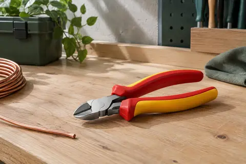 Pince coupante Knipex à tête chromée et poignées isolées jaune et rouge posée sur un établi