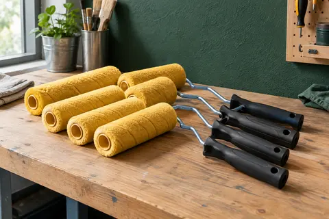 Rouleaux de peinture jaunes en polyamide avec manches en caoutchouc posés sur un établi soigné