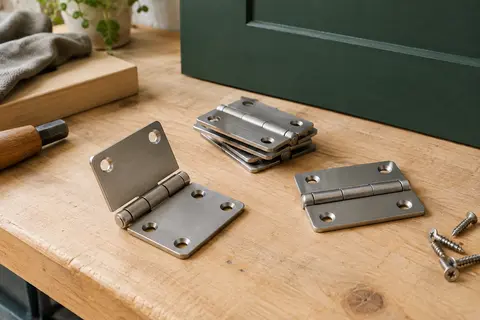 Charnières plates en acier inoxydable brossé disposées sur un établi près d’une porte de meuble.