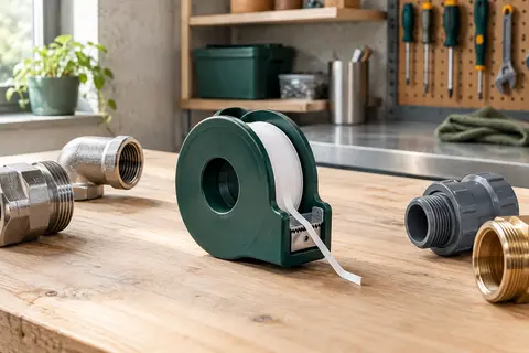 Bobine distributrice de fil d’étanchéité blanc posée près de raccords filetés dans un atelier.