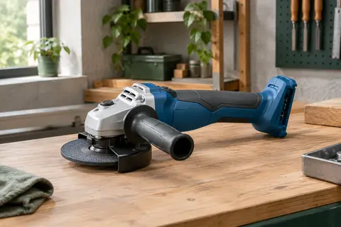 Meuleuse d’angle Makita bleu et argent sans batterie, présentée seule sur un établi d’atelier