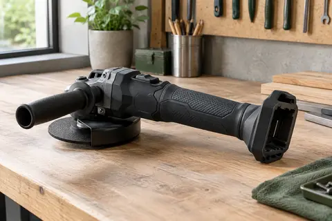 Meuleuse angulaire noire sans fil de 125 mm posée sur un établi d’atelier soigné
