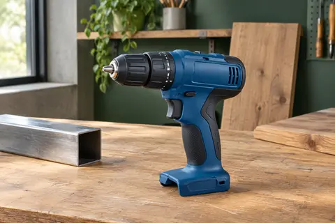 Perceuse-visseuse bleue vendue seule, posée sur un établi en bois dans un atelier soigné.