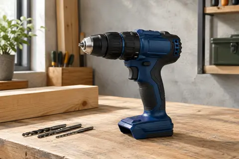 Perceuse-visseuse à percussion compacte bleue et noire posée sur un établi en bois dans un atelier soigné.