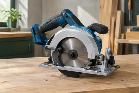 Scie circulaire portative bleue et noire avec lame de 165 mm, posée sur une planche de bois