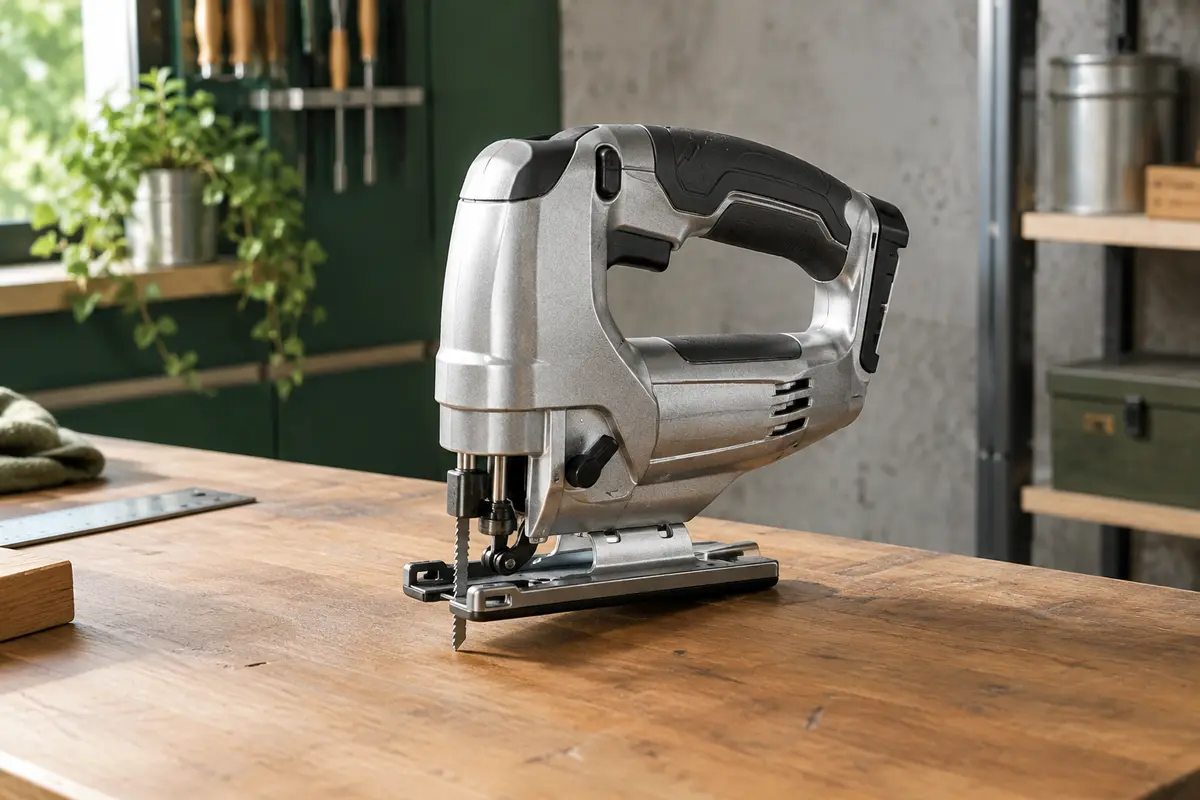 Scie sauteuse Makita DJV181Z argentée, présentée seule sur un établi en bois dans un atelier