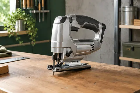 Scie sauteuse Makita DJV181Z argentée, présentée seule sur un établi en bois dans un atelier
