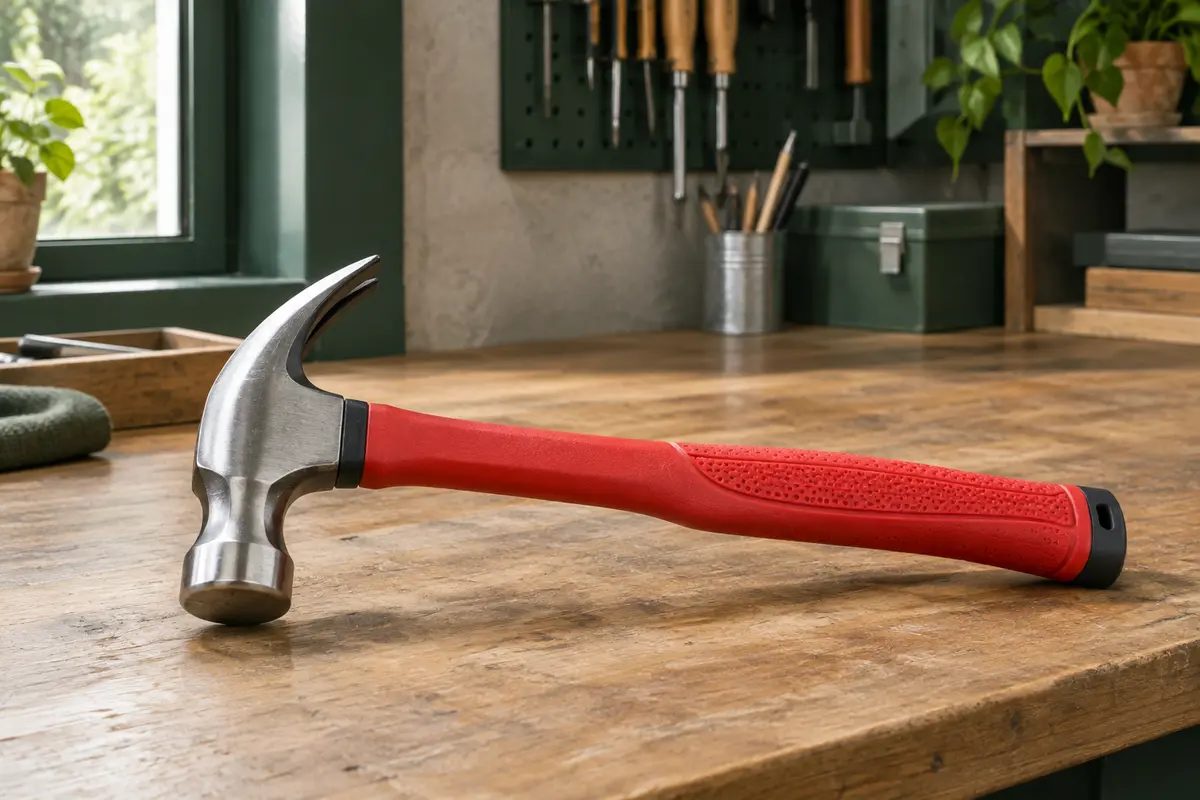 Marteau à griffes MaxPower rouge avec tête en acier au carbone posé sur un établi en bois
