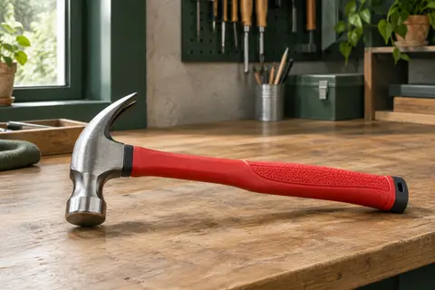 Marteau à griffes MaxPower rouge avec tête en acier au carbone posé sur un établi en bois