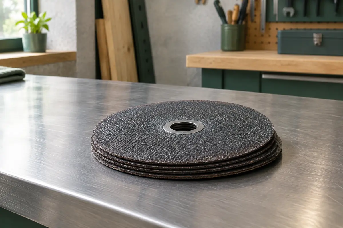 Lot de disques plats à tronçonner Merryland de 125 mm posé sur un établi d’atelier soigné.
