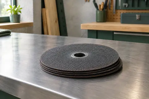 Lot de disques plats à tronçonner Merryland de 125 mm posé sur un établi d’atelier soigné.