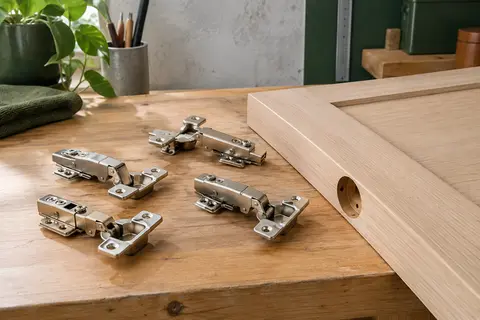 Quatre charnières de placard en acier nickelé présentées près d’une porte de meuble en bois