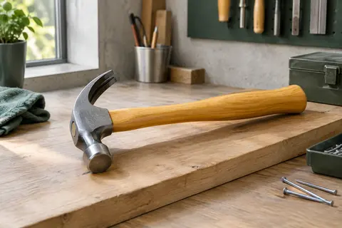 Marteau Mr. Pen jaune à tête en acier au carbone et panne fendue posé sur une planche dans un atelier.