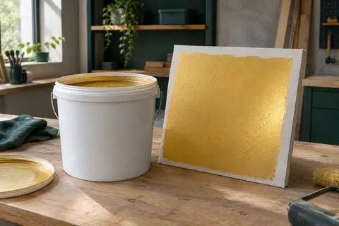 Seau de peinture murale jaune or à finition métallique posé près d’un échantillon peint dans un atelier soigné.