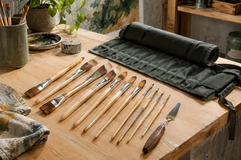 Pinceaux artistiques Nicpro en nylon avec manches en bois, couteau à palette et rouleau de rangement