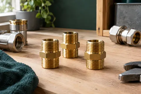 Trois mamelons doubles mâle mâle en laiton naturel avec corps hexagonal posés sur un établi
