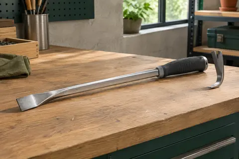 Barre à griffe droite en acier argenté avec poignée antidérapante posée sur un établi de bricolage
