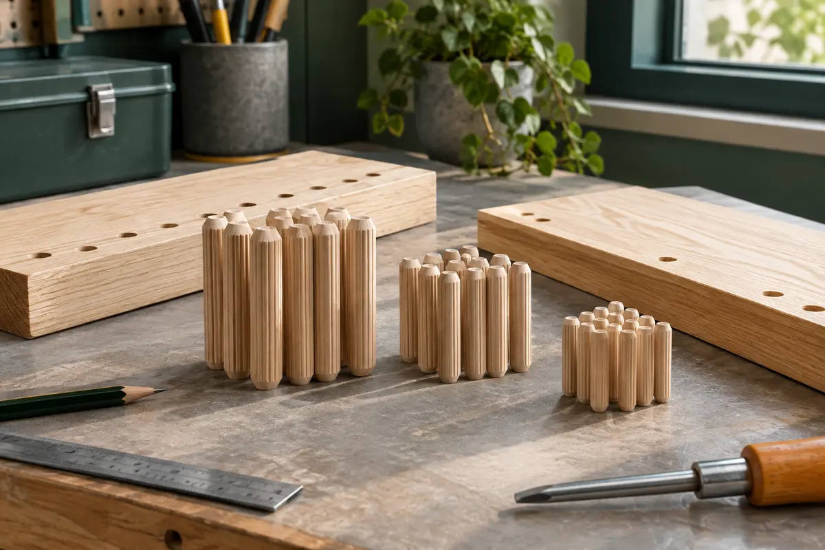 Assortiment de chevilles en bois beige, coniques et rainurées, posé près de pièces de menuiserie.