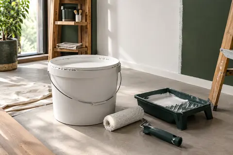 Seau neutre de peinture blanche mate près d’un rouleau, dans une pièce intérieure en rénovation