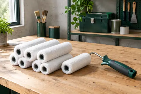 Mini-rouleaux blancs en microfibre de 100 mm présentés avec leur monture à poignée souple.