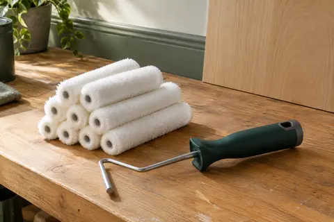 Lot de dix mini-rouleaux blancs en mohair synthétique de 100 mm avec monture à poignée souple