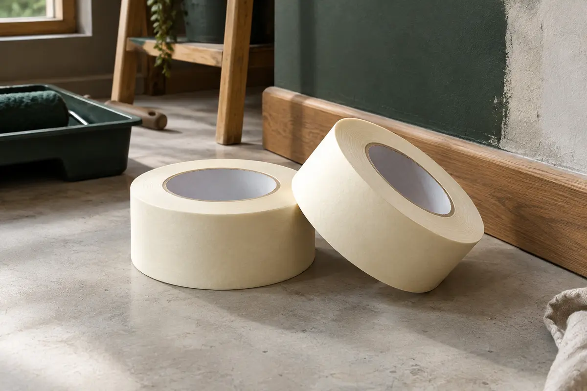 Deux rouleaux de ruban de masquage crème de 50 mm près d’un mur et de plinthes à peindre.