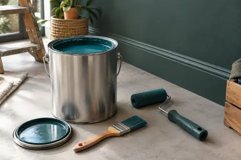 Pot ouvert de peinture intérieure bleu paon posé près d’un pinceau et d’un rouleau sur un chantier soigné.