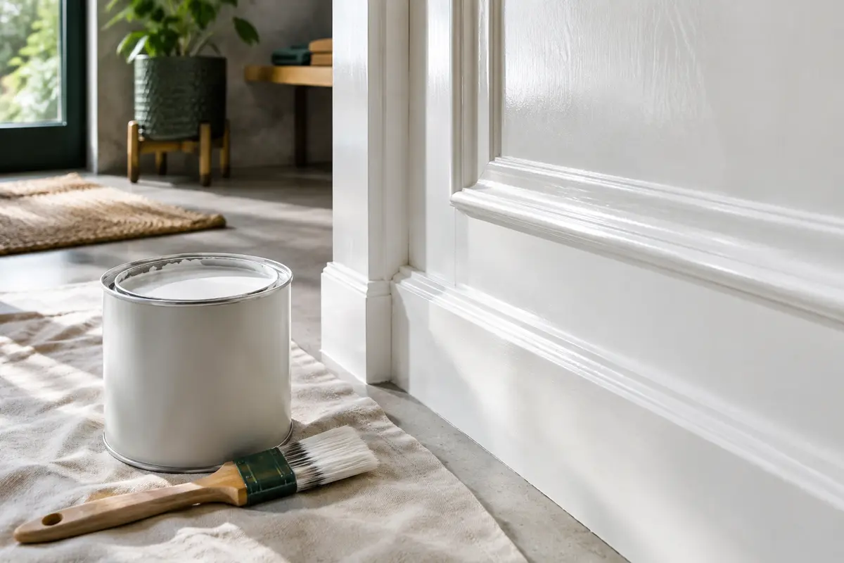 Boiserie en bois peinte en blanc satiné, avec un pot de peinture et une brosse dans un atelier soigné.