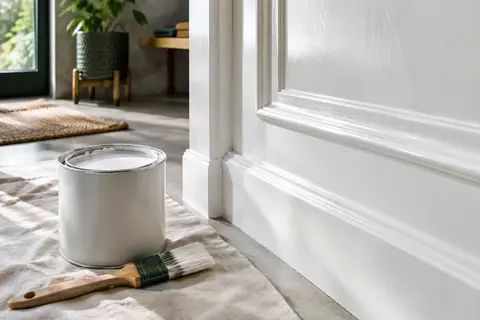 Boiserie en bois peinte en blanc satiné, avec un pot de peinture et une brosse dans un atelier soigné.