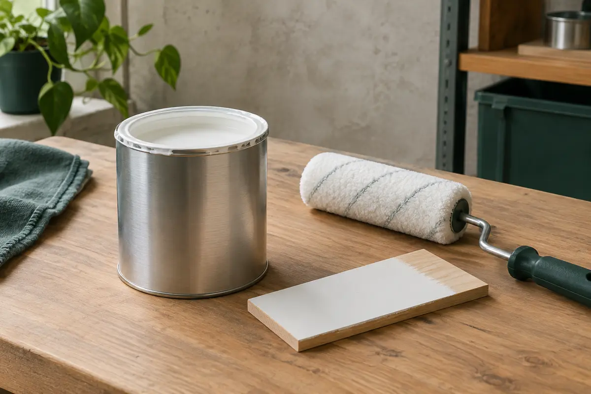 Pot de peinture blanche satinée avec un rouleau et un échantillon sur une planche de bois