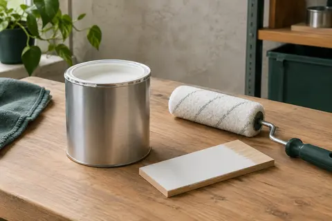 Pot de peinture blanche satinée avec un rouleau et un échantillon sur une planche de bois