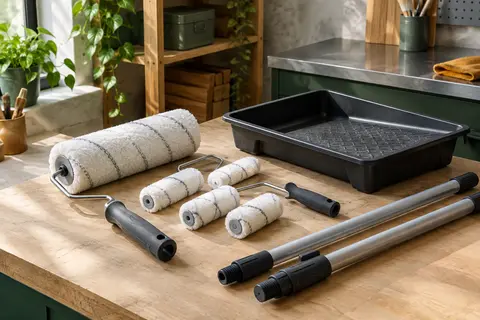 Kit de rouleaux de peinture avec grand rouleau, mini manchons, bac et rallonge posé dans un atelier soigné.