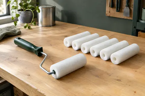Lot de mini manchons blancs en mousse haute densité de 100 mm posé sur un établi de bricolage.