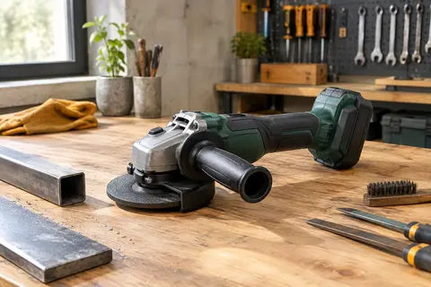 Meuleuse d’angle Ryobi verte et anthracite avec disque de 115 mm posée sur un établi d’atelier